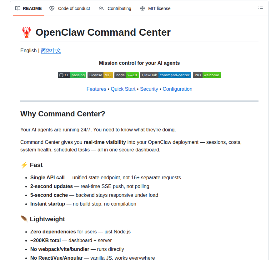 OpenClaw Command Center — мониторинг сессий, затрат и задач