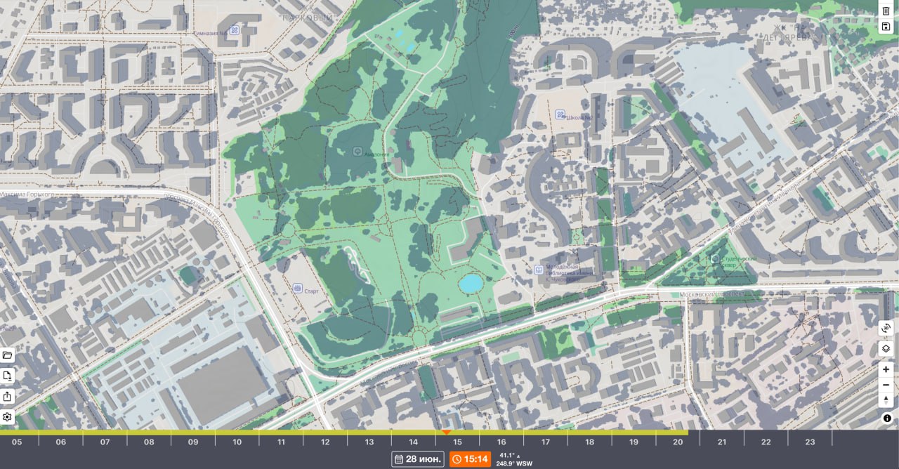 Сервис **ShadeMap** позволяет смоделировать расположение теней от зданий,...